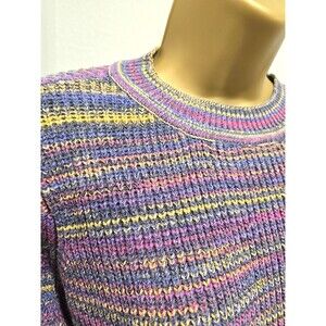 LOGO Lori Goldstein Boucle Chunky Sweater Med Crew Neck Purple Rainbow Stripe